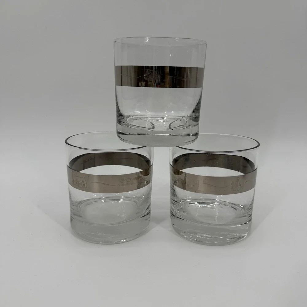 Vintage Silver Platinum Band Whiskey Glasses Set of 3 Winter Igloo Snowflake